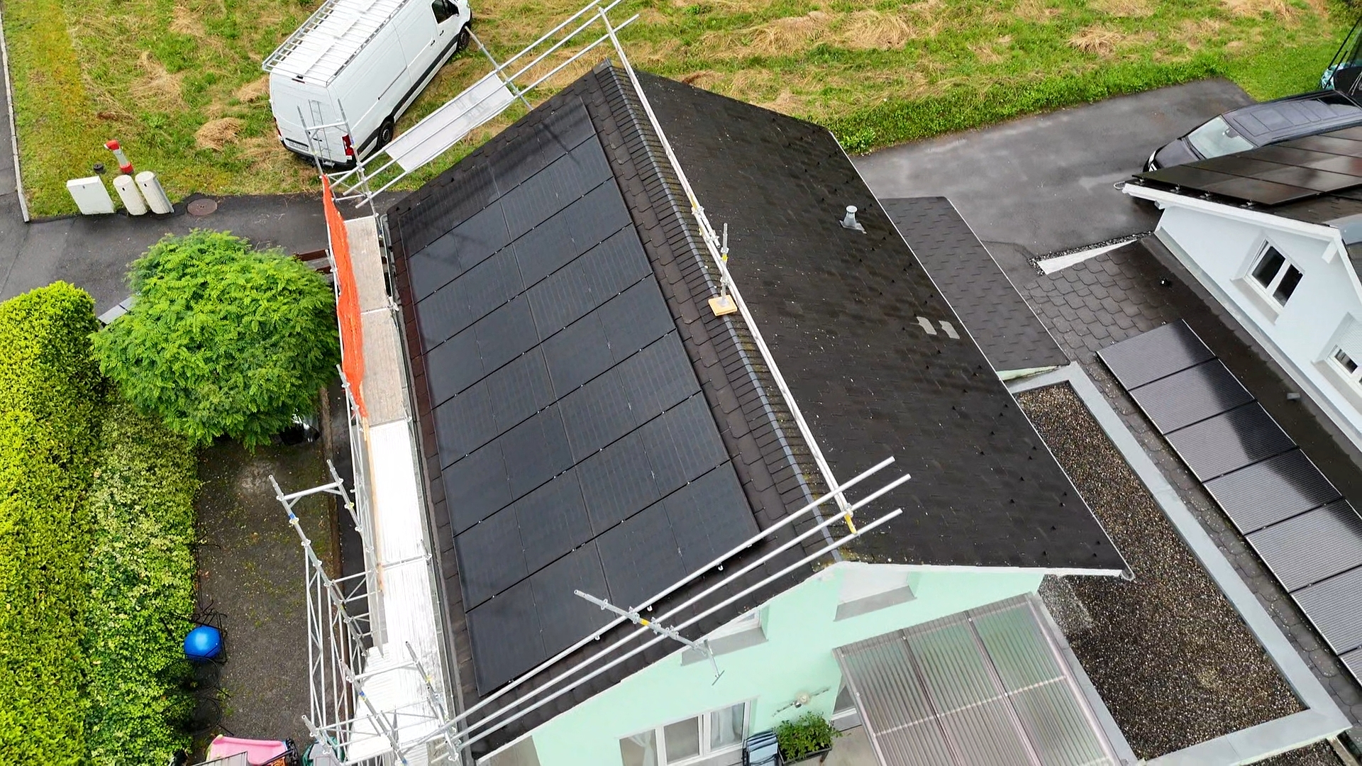 a roof of a house with solar panels